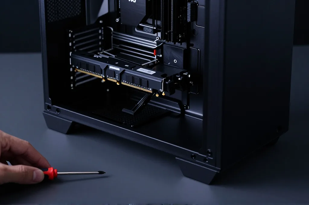 פנים מארז מחשב פתוח עם מקלות זיכרון וכונן SSD גלויים, יד מגיעה פנימה עם מברג