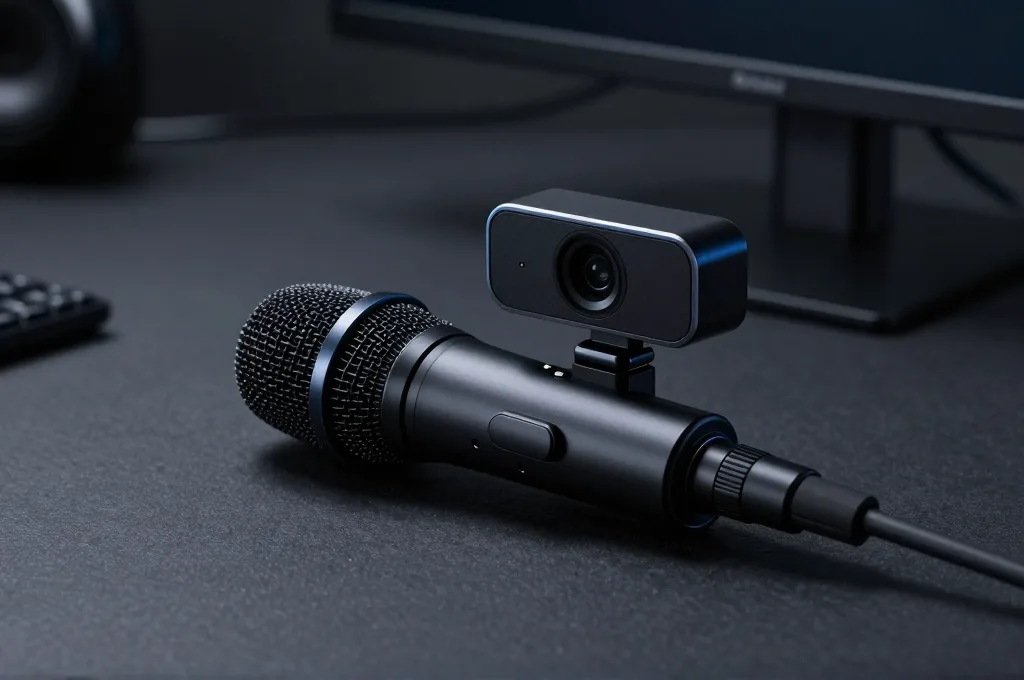 מיקרופון USB ומצלמת רשת קטנה מותקנים על מסך מחשב