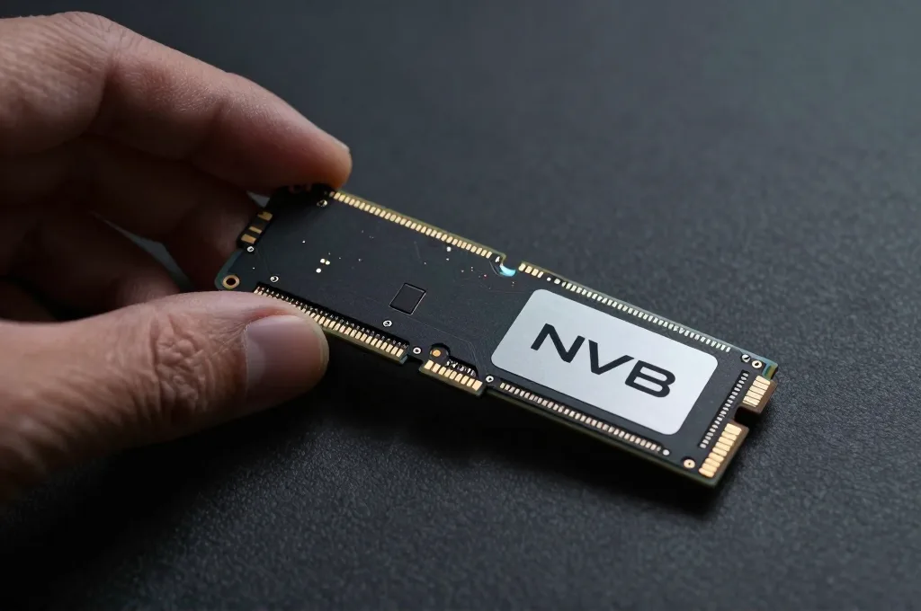 כונן SSD מסוג M.2 מוחזק בין שתי אצבעות בתקריב, שבבים קטנים נראים על גבי לוח המעגלים