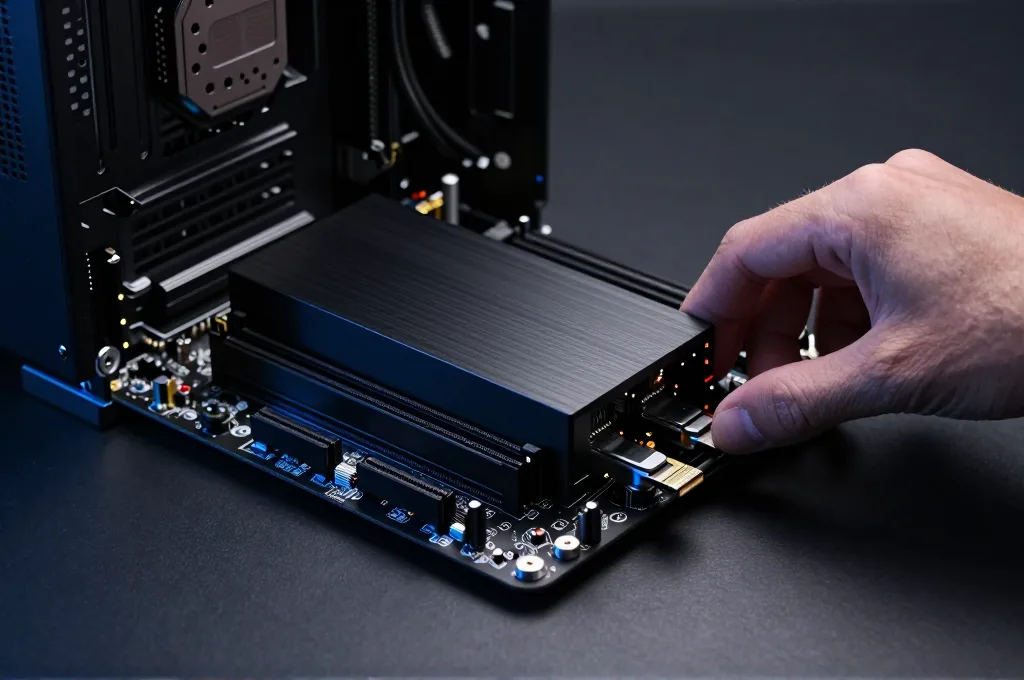תקריב על ידיים מחברות כרטיס מסך לחריץ PCIe בלוח אם בתוך מארז מחשב