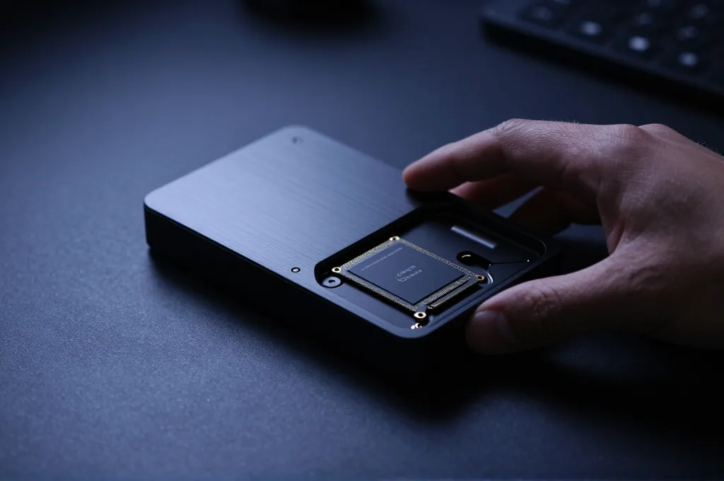 יד מחזיקה תושבת כונן חיצוני פתוחה עם כונן SSD פנימי גלוי, רקע שולחן עבודה