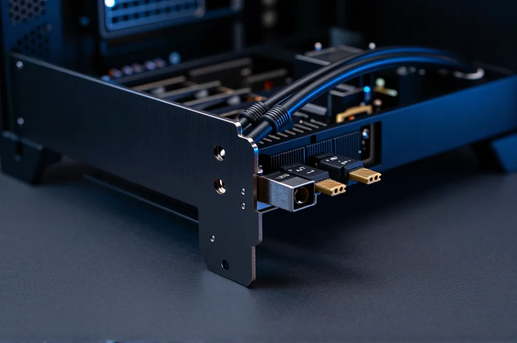 מחבר חשמל של כרטיס מסך עם שני כבלי PCIe בעלי 8 פינים מחוברים לקצה הכרטיס בתוך מארז מחשב