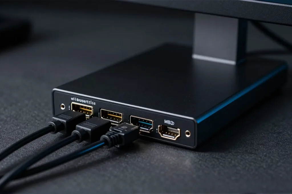 תקריב על גב מסך מחשב עם חיבורי HDMI ו-DisplayPort, כבלים מחוברים, רקע שולחן עבודה