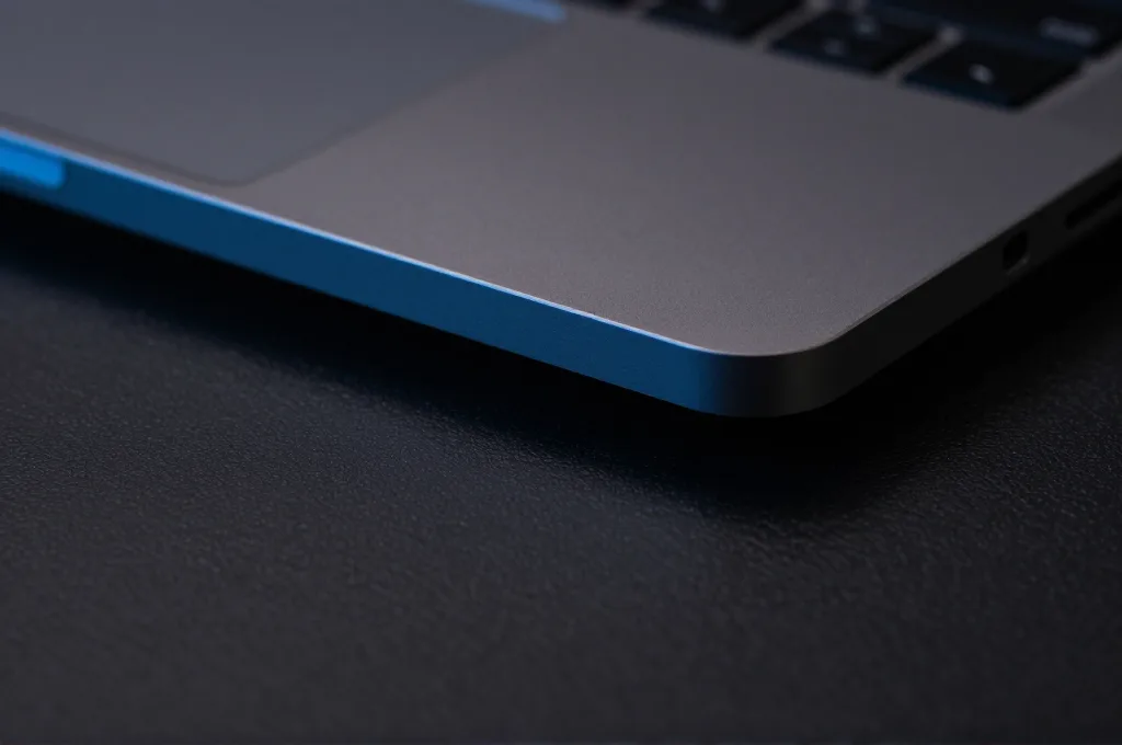 מקלדת MacBook תאורה כחולה קרה, תקריב על צירי הצגה ומקש ESC