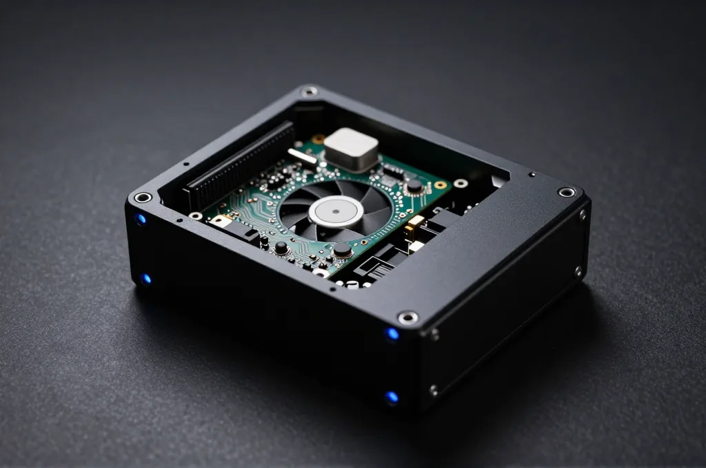 Mini PC שחור קטן פתוח עם רכיבים פנימיים דחוסים, תאורה כחולה קרה