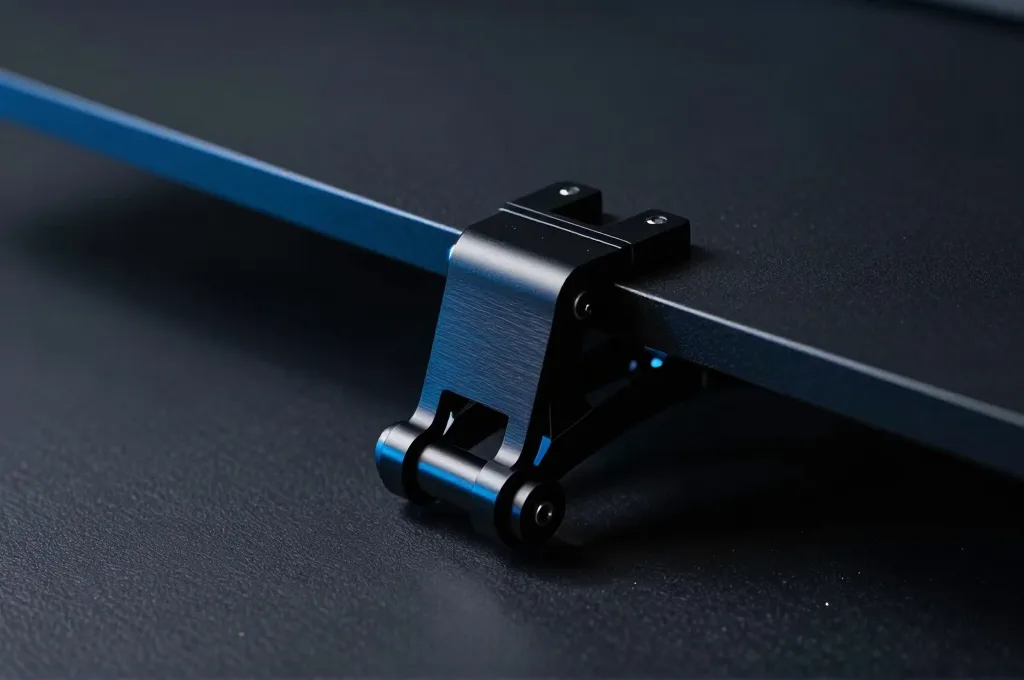 תקריב על מעמד מסך מתכוונן (monitor arm) הצמוד לקצה שולחן, מפרק מתכוונן נראה בבירור