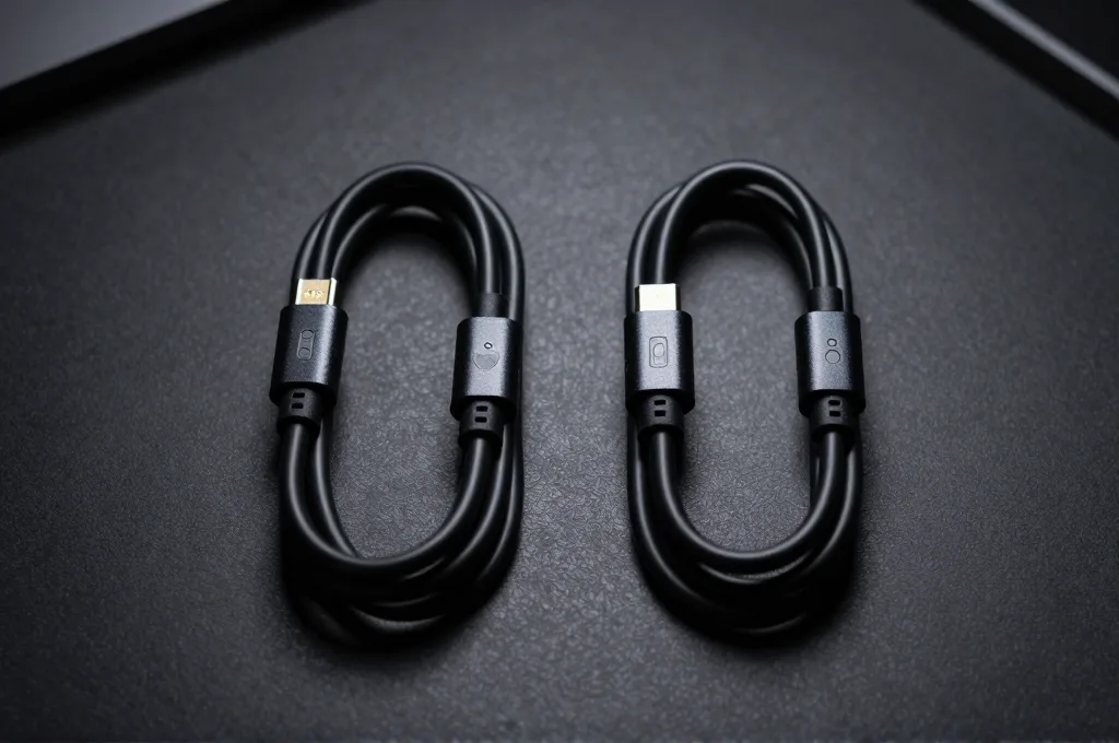 שני כבלים זהים למראה עם מחברי USB-C מונחים על שולחן, אחד מסומן וברור יותר לצפייה